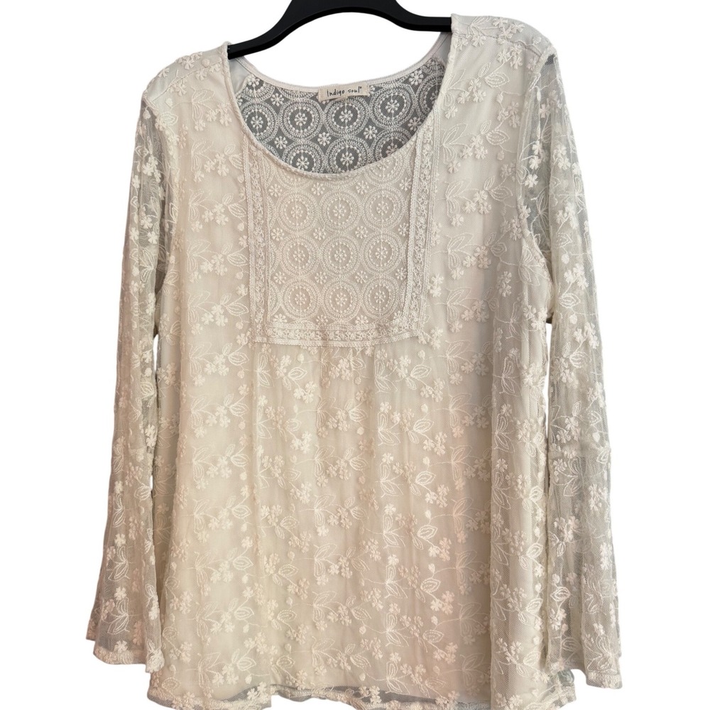 Indigo Soul Lace Top Womens XL Cream Excellent Boho Floral Mesh Bell Sleeve